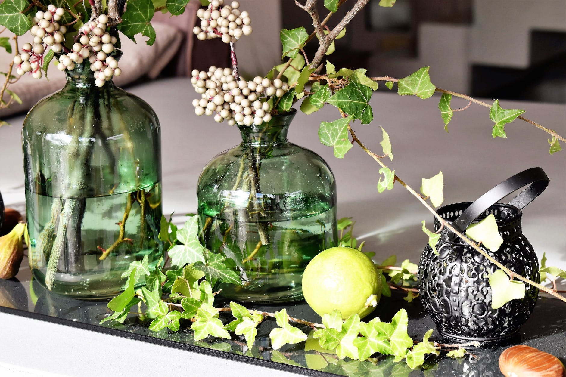 green leaved plants in green clear glass vase