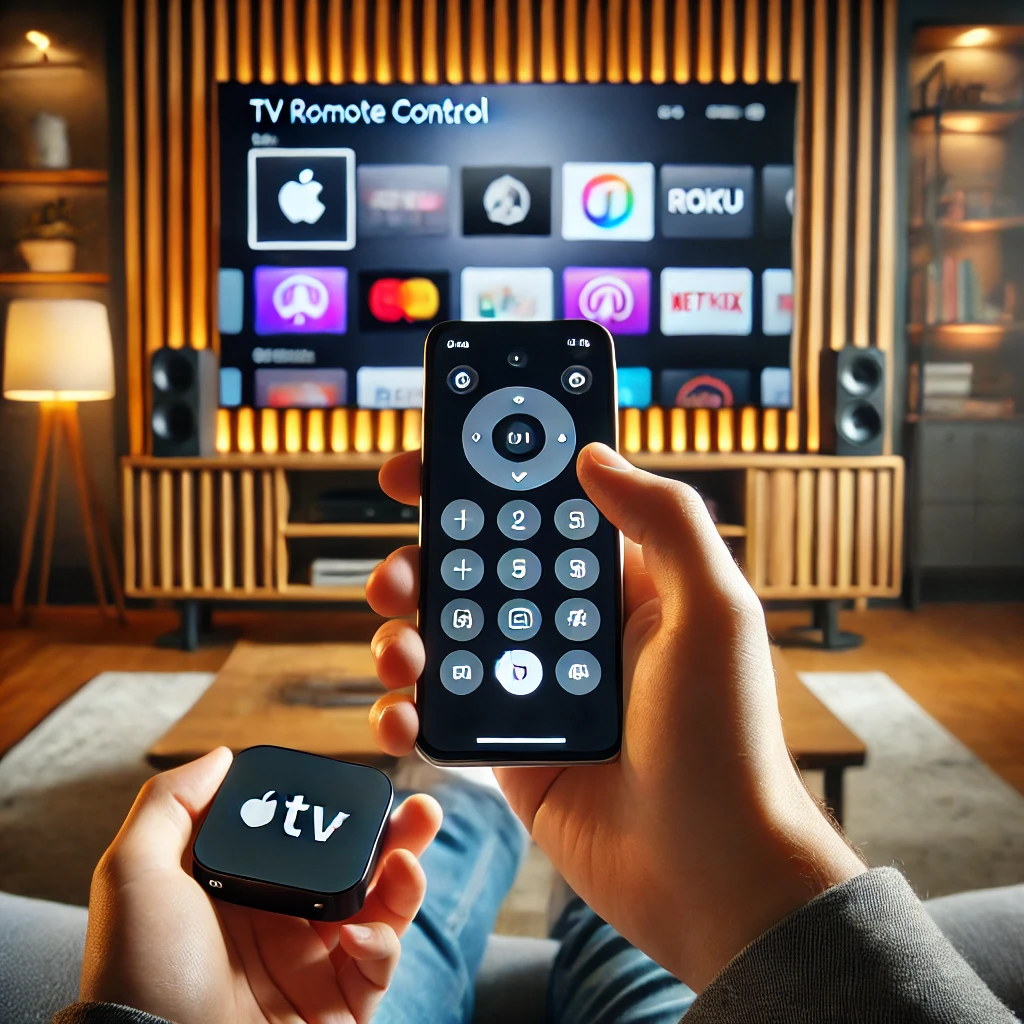 Smartphone being used as a universal remote control for a smart TV with streaming services in a modern living room