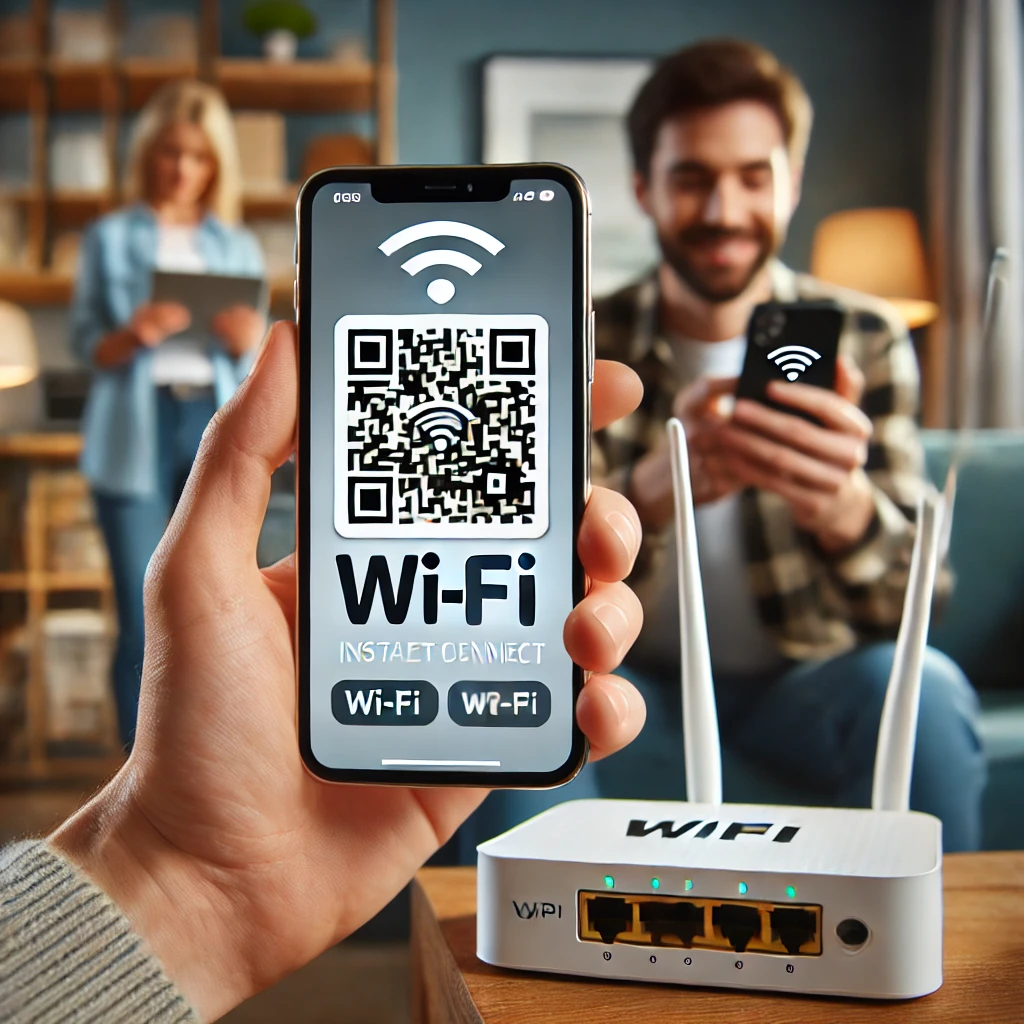 Person sharing Wi-Fi password using a QR code on their smartphone while another person scans it to connect