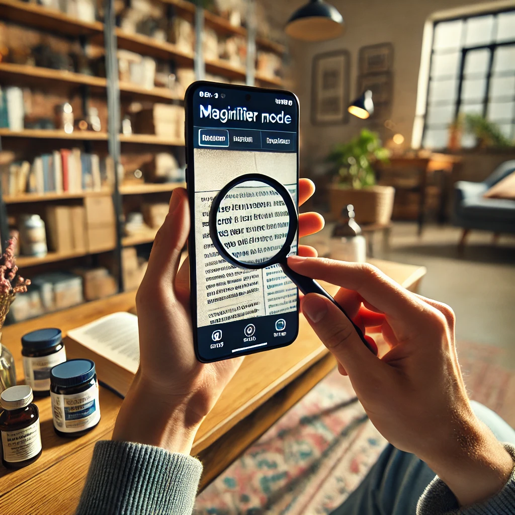Smartphone in magnifying mode, zooming in on small text on a product label in a cozy room setting