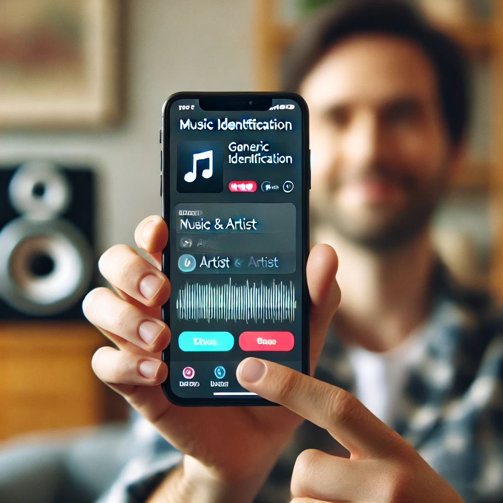 Person using a smartphone to identify a song playing in the background, showing song title and artist on the screen