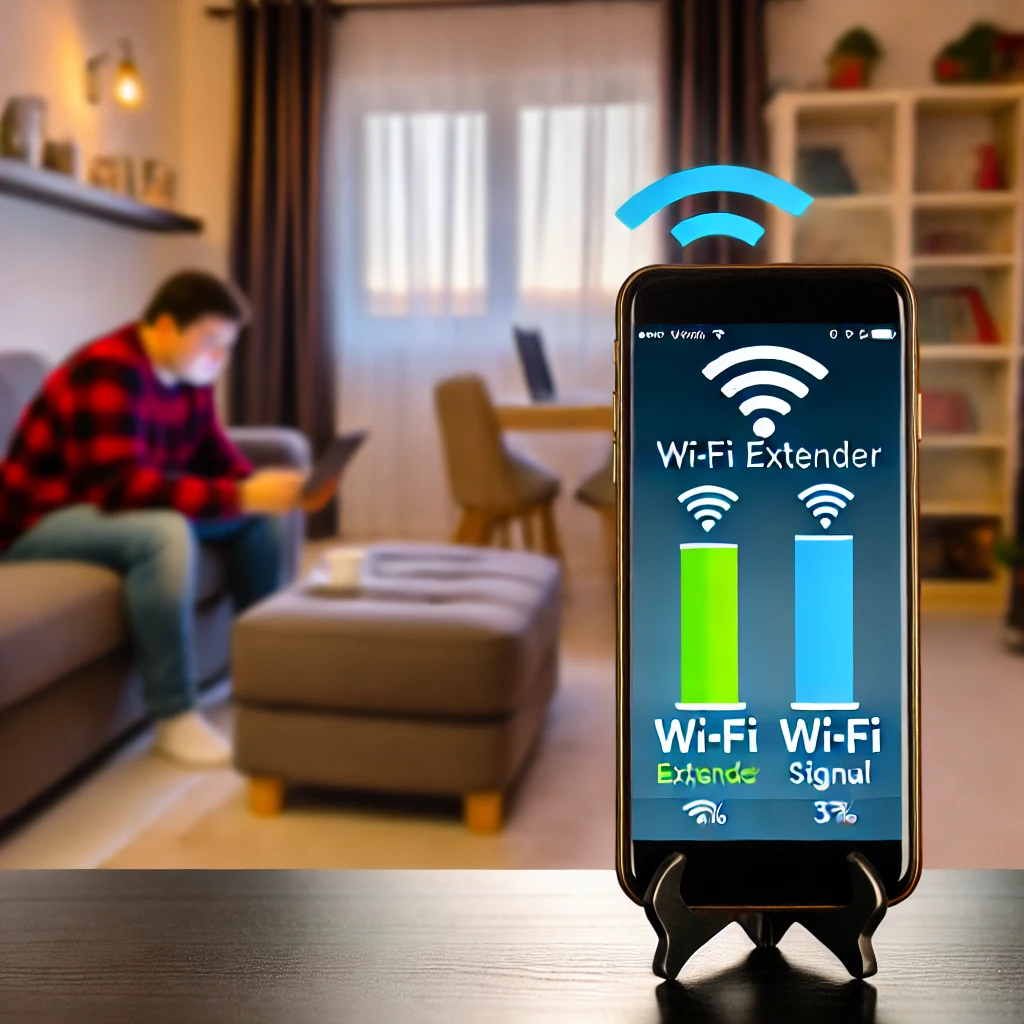 Old smartphone repurposed as a Wi-Fi extender, boosting signal strength in a home setting with stronger connection indicators"